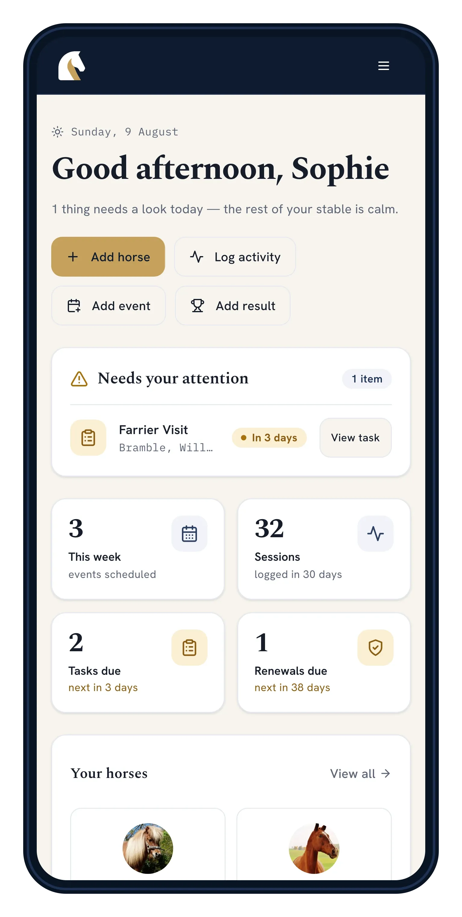 ManageMyStable on a phone, showing the day’s attention list and the yard’s horses.